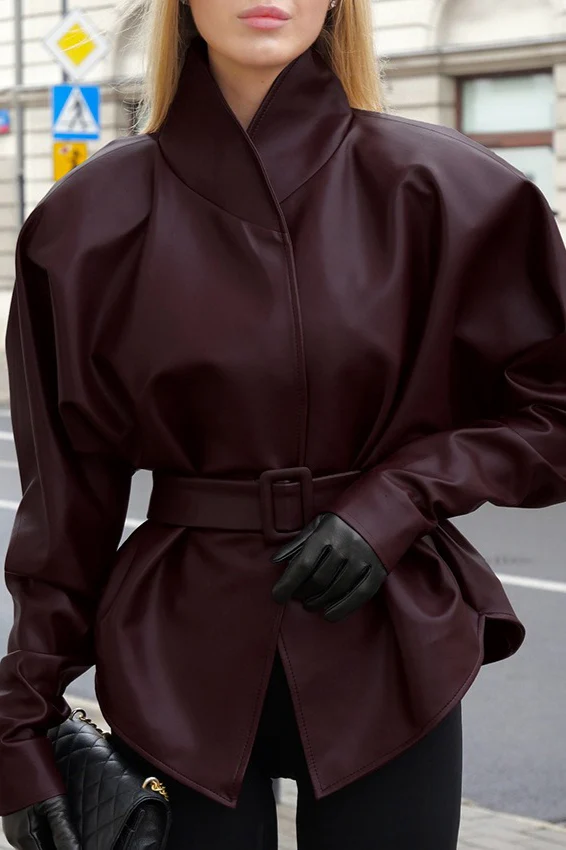 Stand Collar Trench Leather Jacket - Image 12