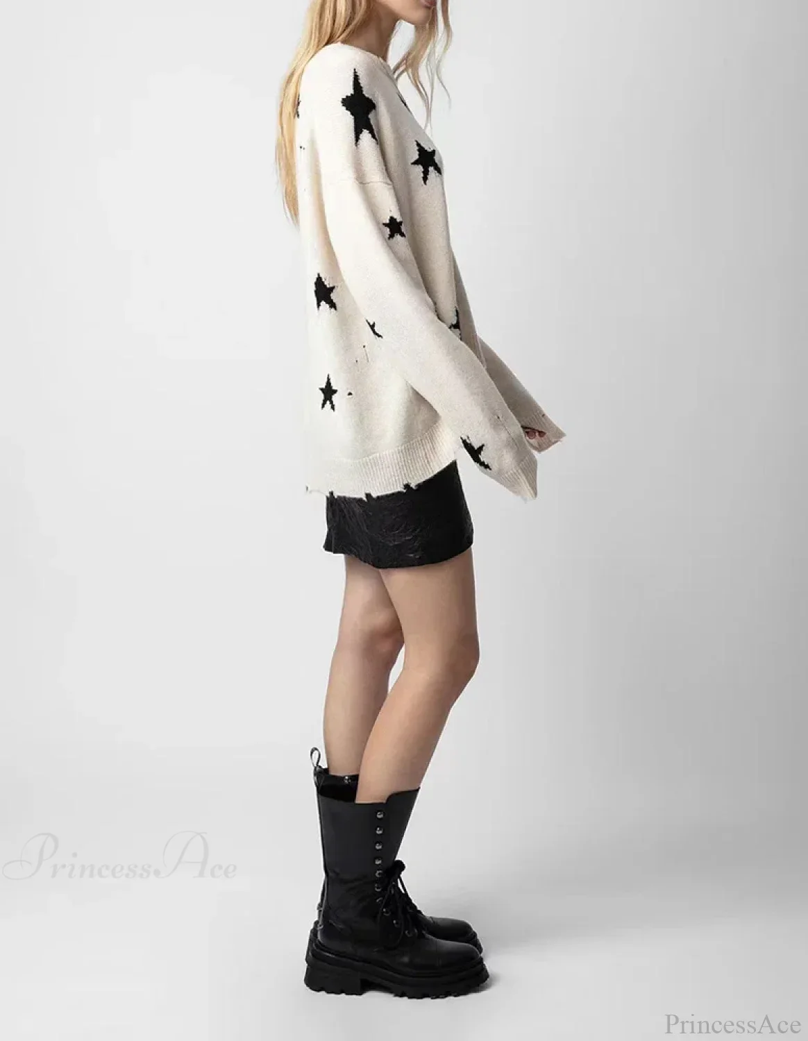 Star Ripped Cashmere Knit Pullover Casual Long Sleeve Knit Top - Image 3
