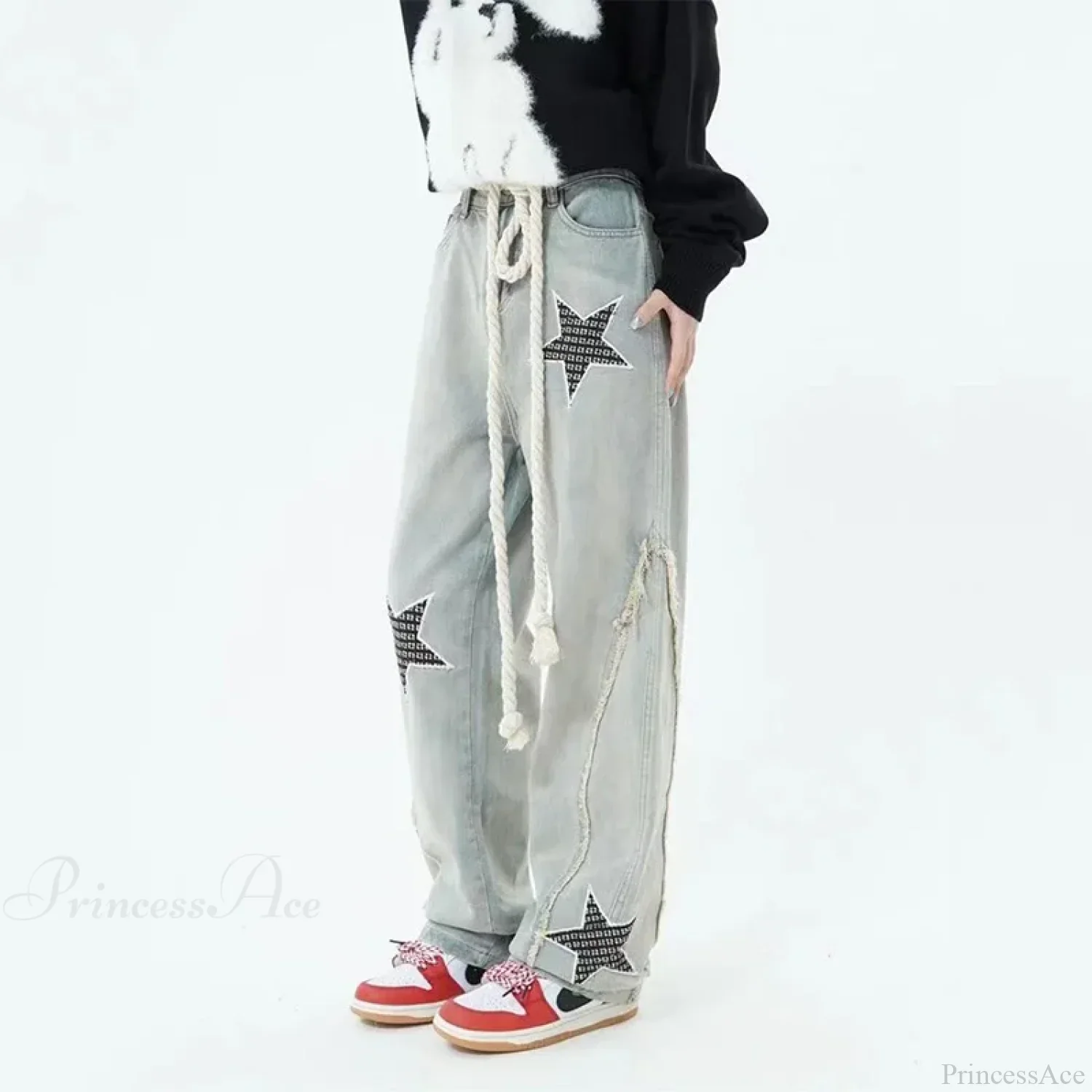 Stars Embroidery High Waist Jeans Pants - Image 3