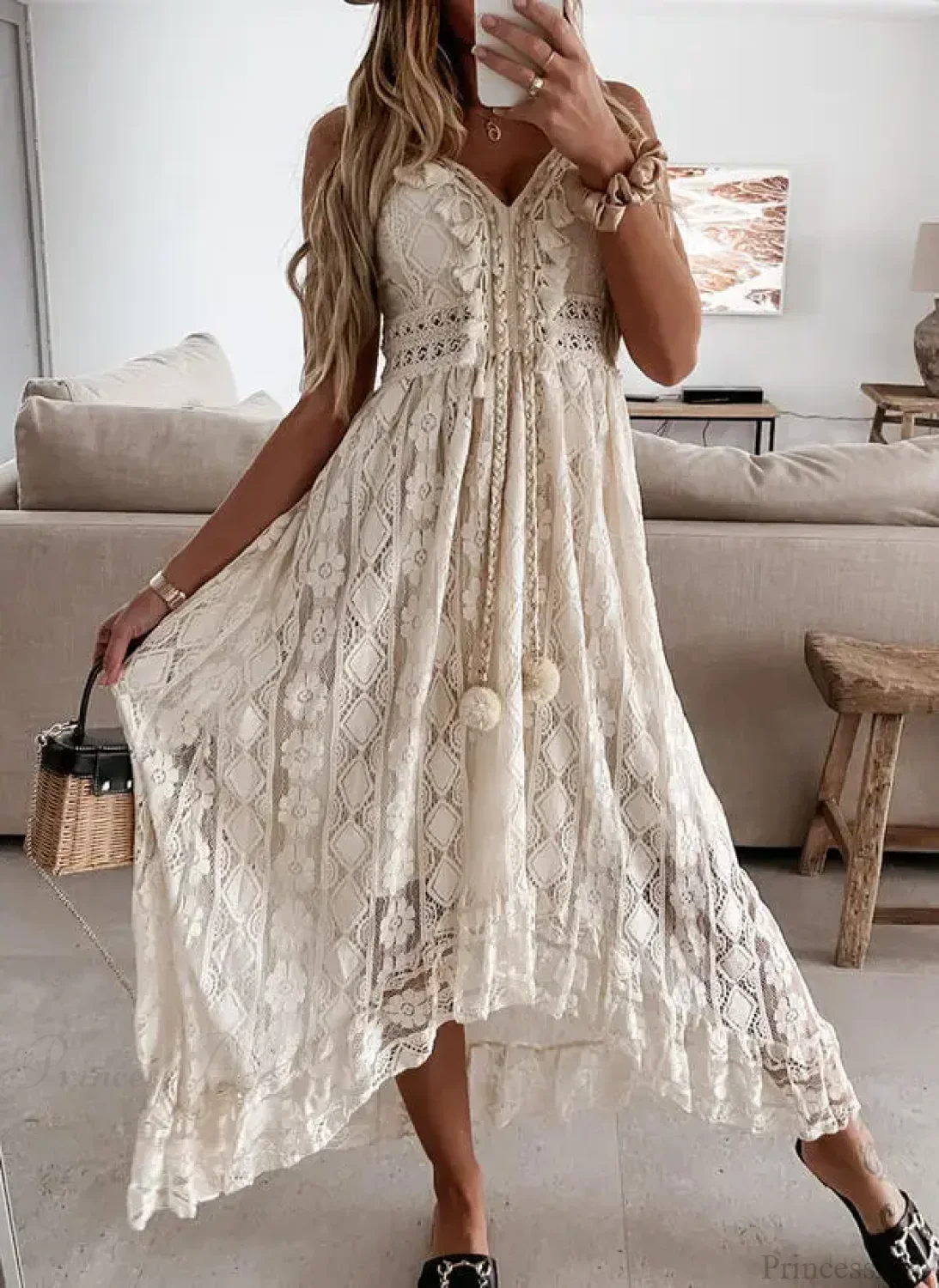 Strap Sleeveless Deep V-neck Tassel Lace Maxi White Boho Dress - Image 2