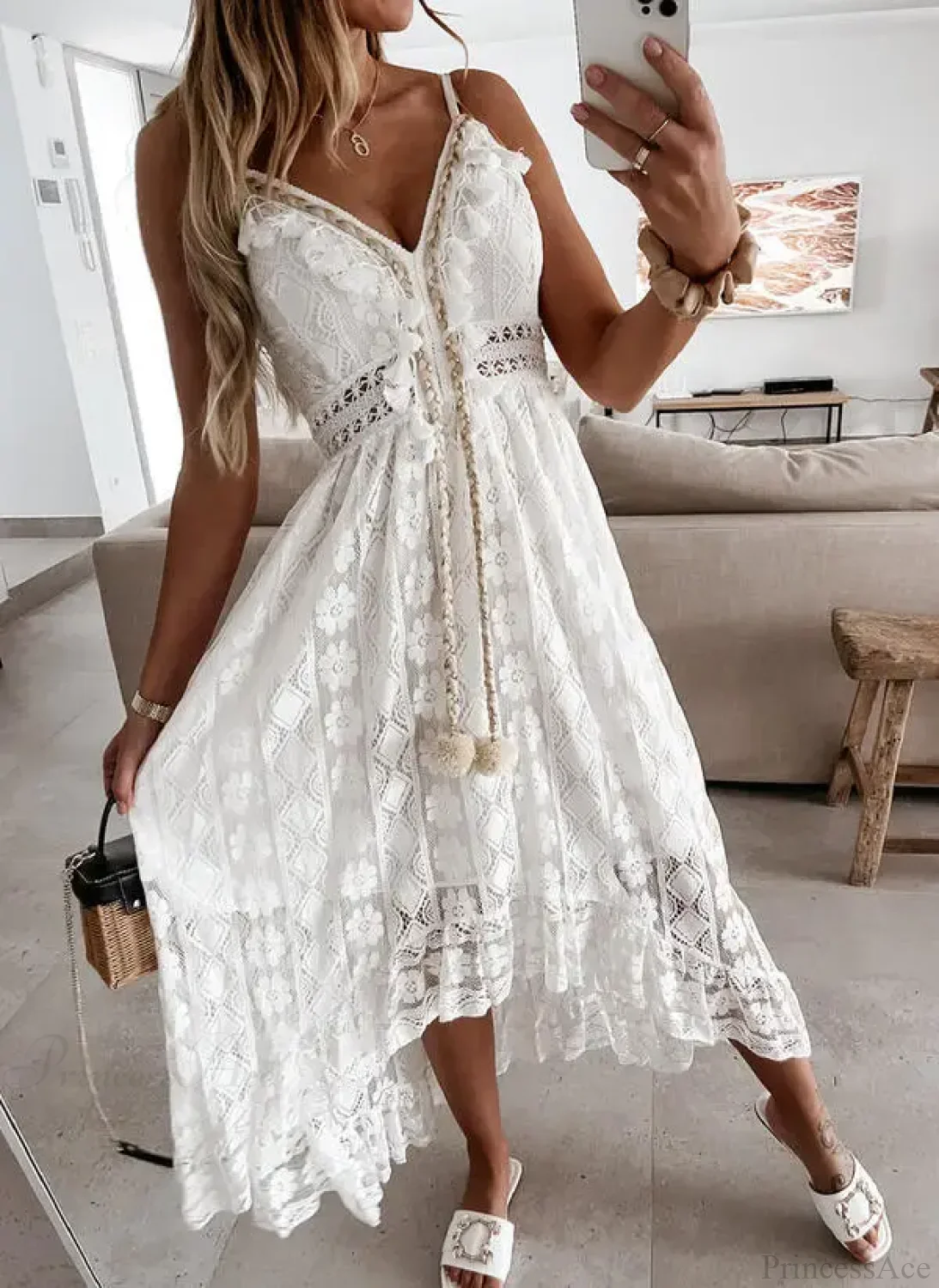 Strap Sleeveless Deep V-neck Tassel Lace Maxi White Boho Dress - Image 3