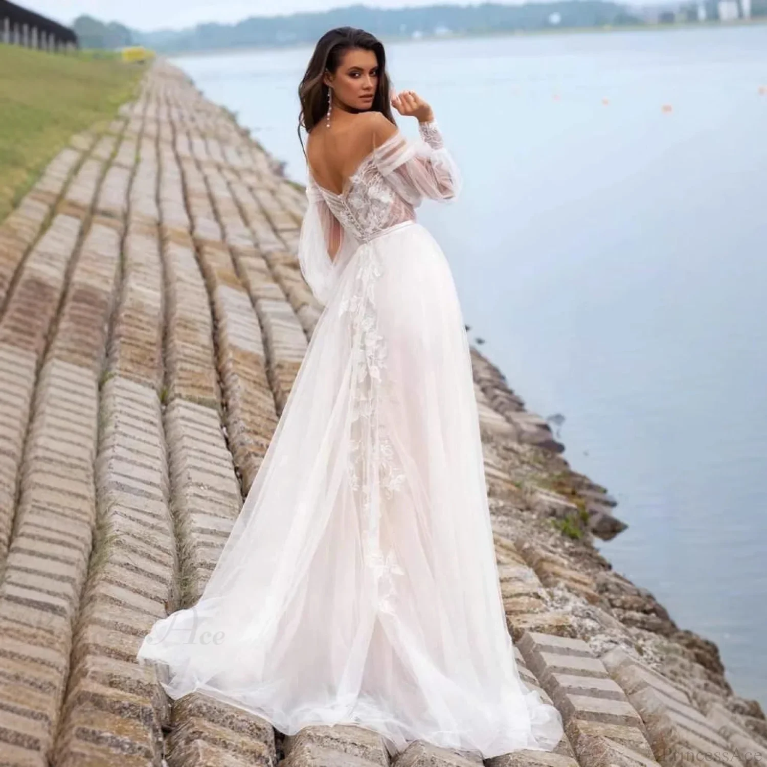 Strapless Bubble Sleeve Sheer Wedding Dress - Image 2
