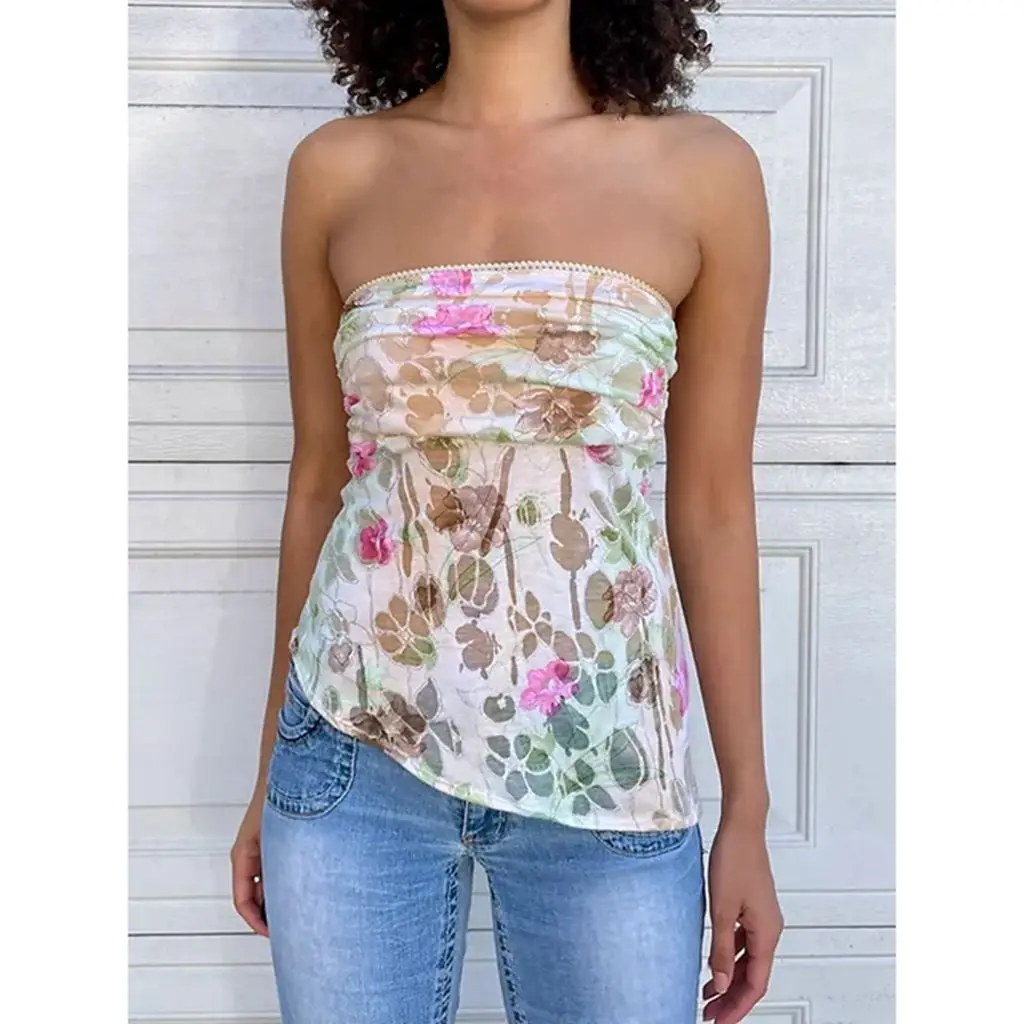 Strapless Flower Print Crop Top - Image 2