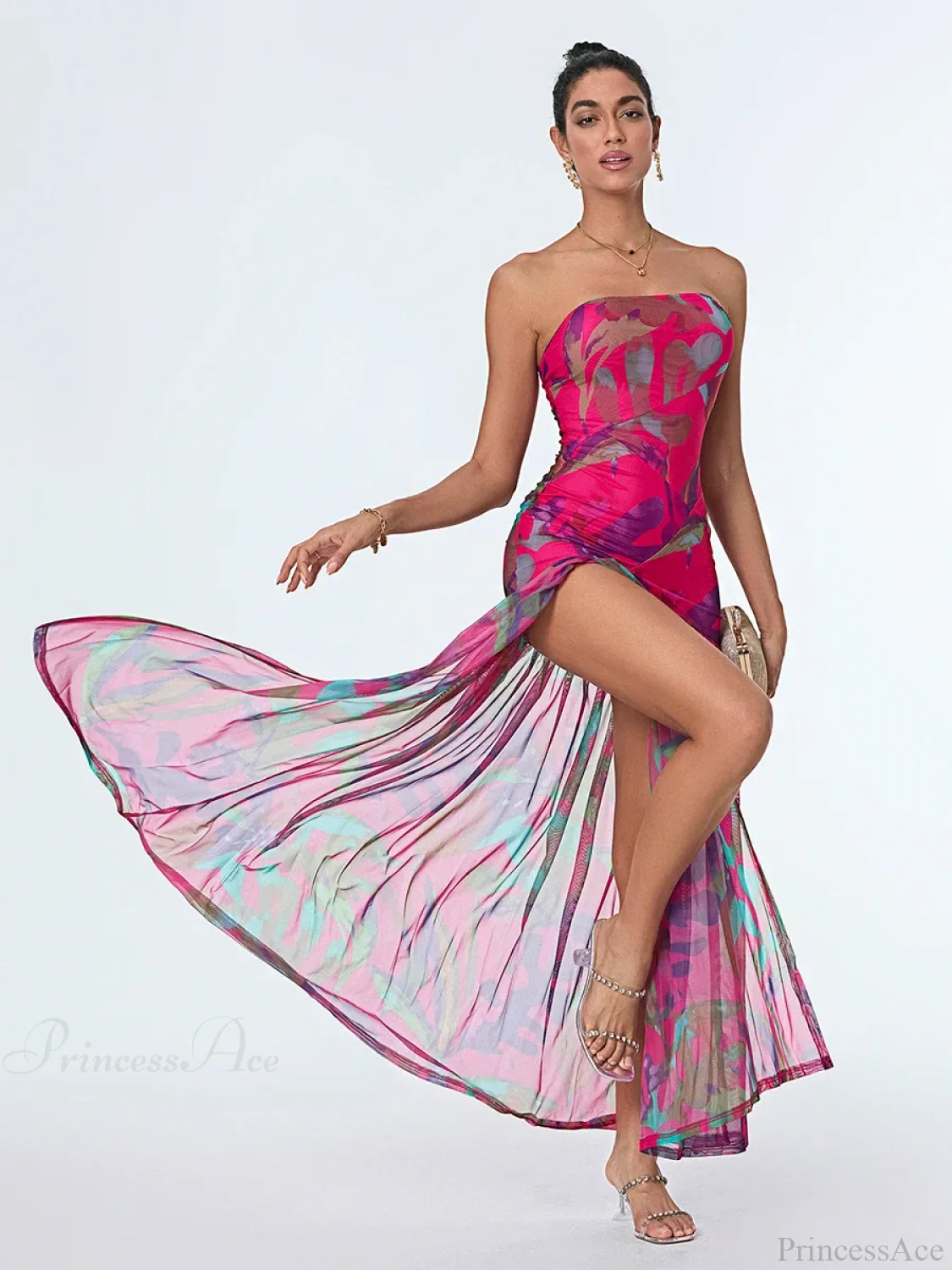 Strapless High Slit Mesh Hem Floral Dress - Image 5