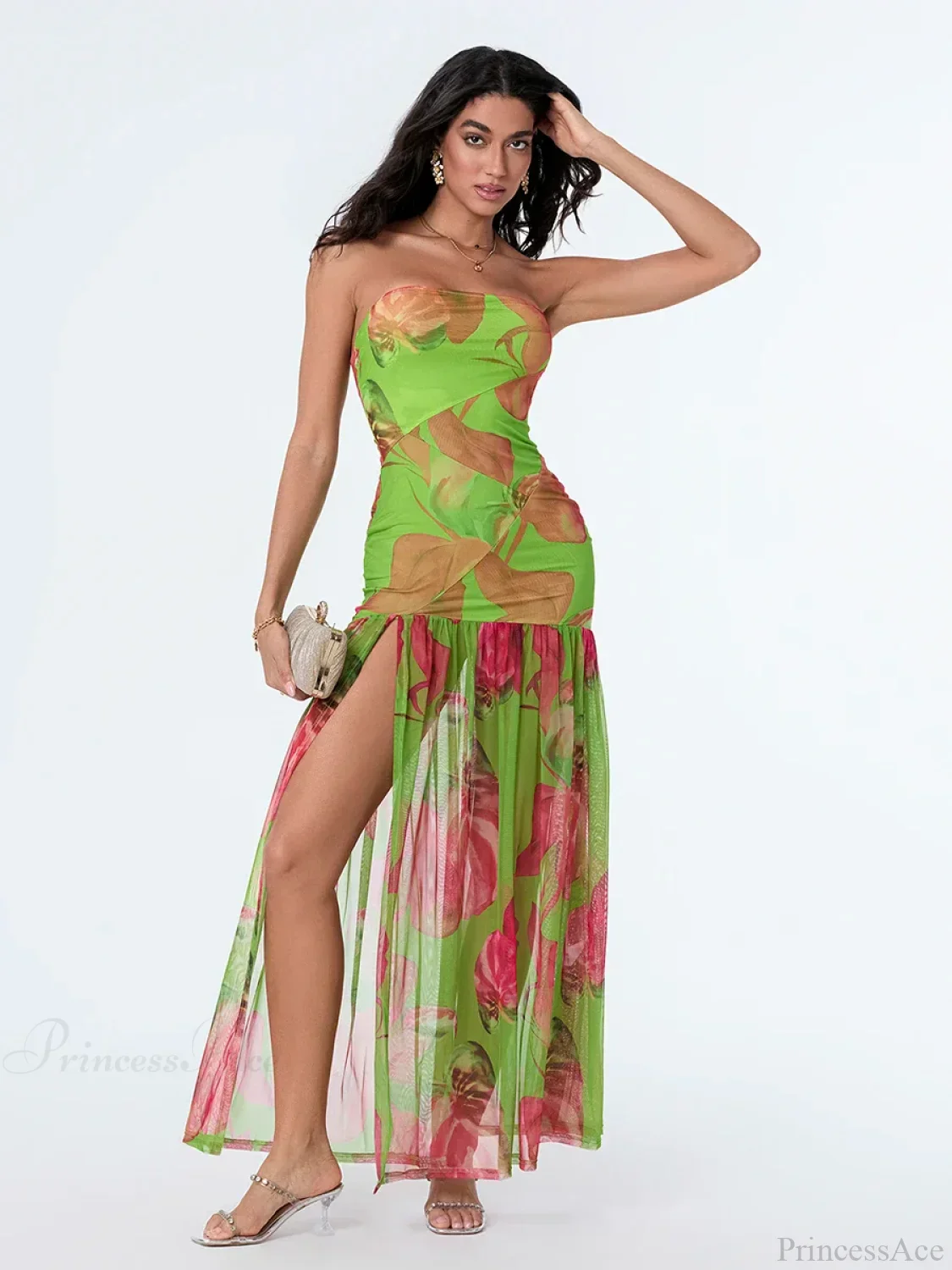 Strapless High Slit Mesh Hem Floral Dress - Image 8