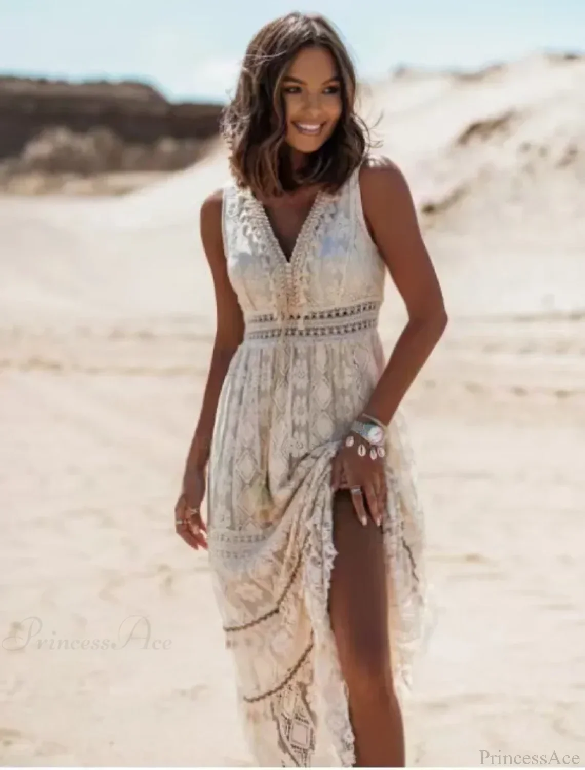 Strapless Lace Up Tassel Splicing Summer Maxi Boho Dress - Image 2