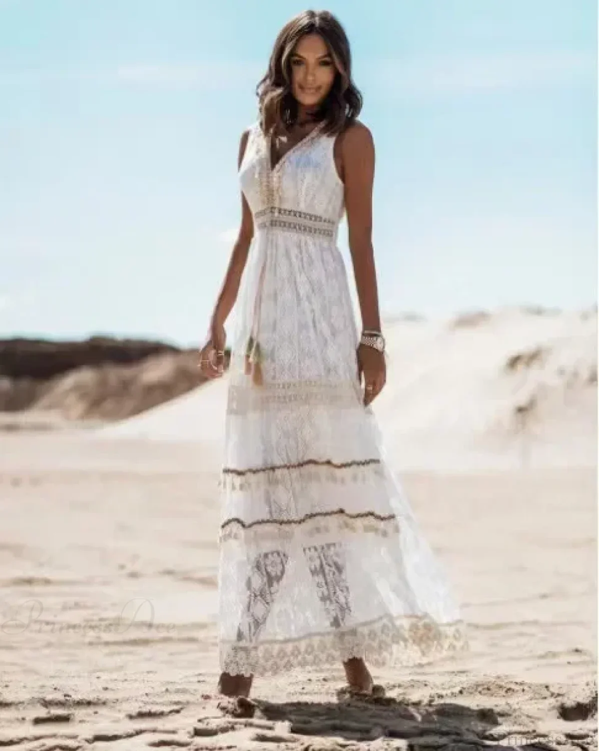 Strapless Lace Up Tassel Splicing Summer Maxi Boho Dress - Image 7