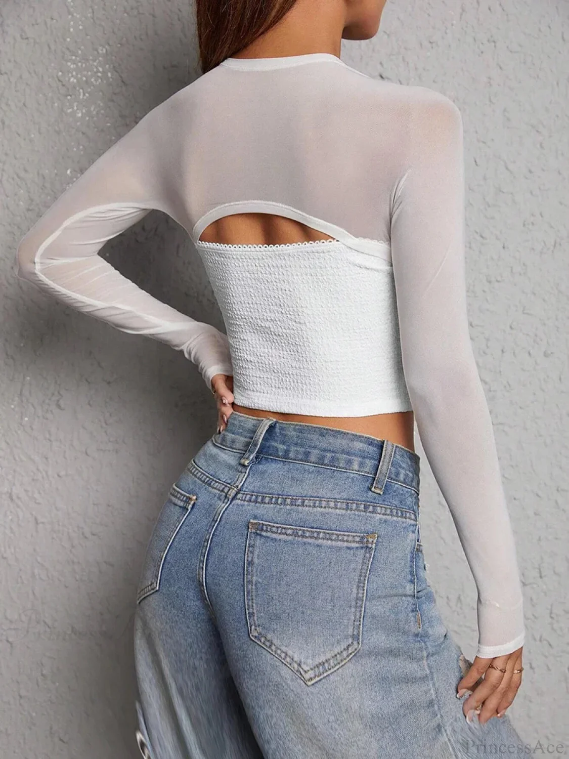 Strapless Low-cut Mesh Cutout Long Sleeve Crop Top - Image 5