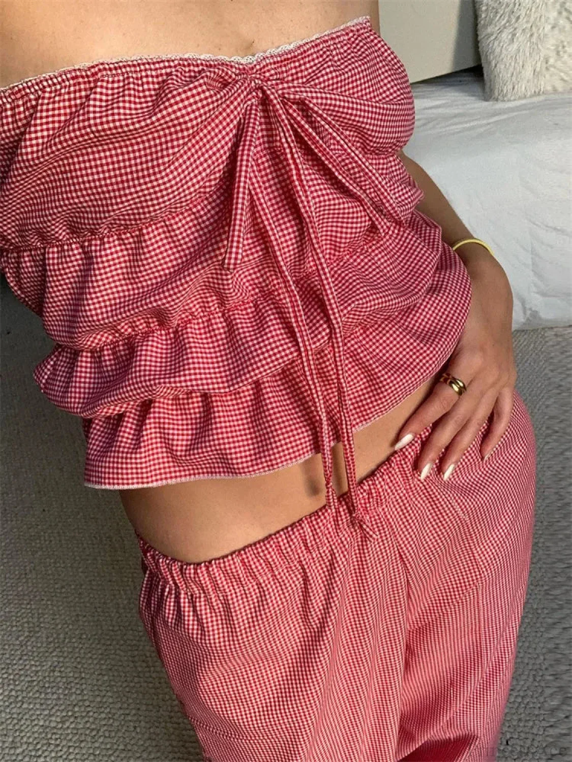 Strapless Plaid Ruched Backless Tube Crop Top - Image 5