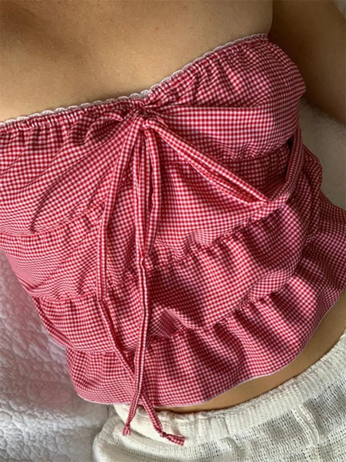 Strapless Plaid Ruched Backless Tube Crop Top - Image 6
