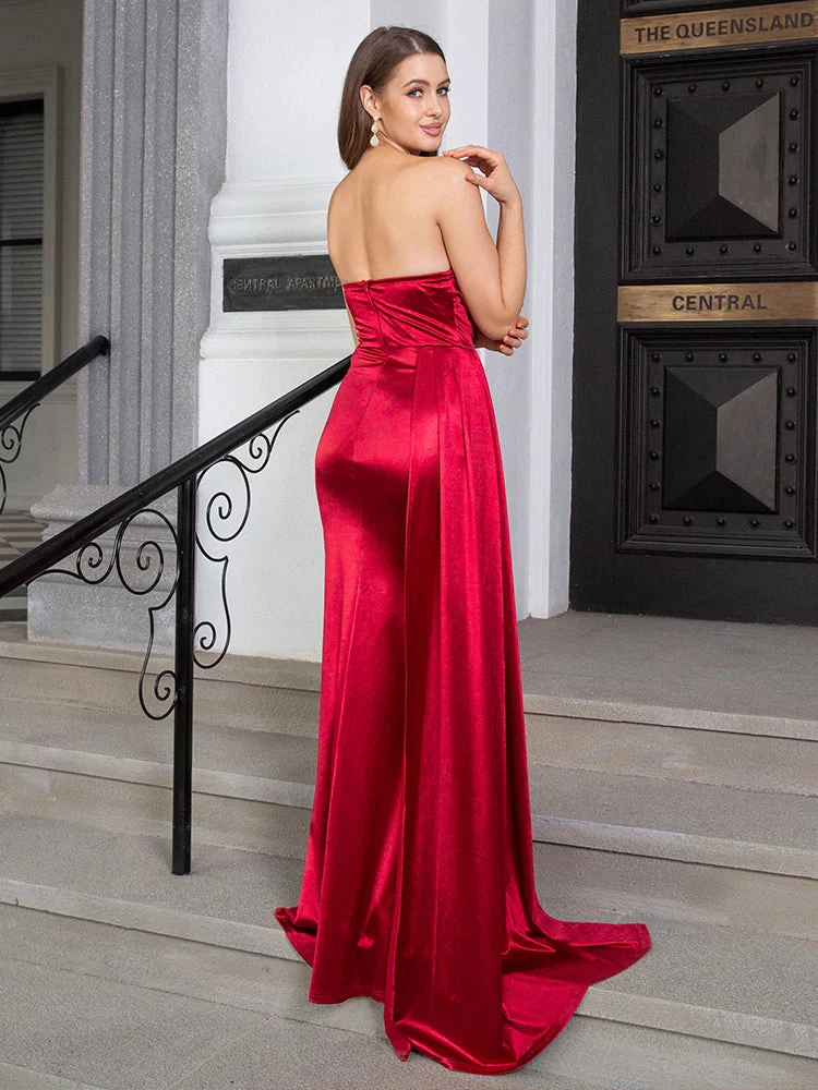 Strapless Ruched Satin Party Dress - Image 4