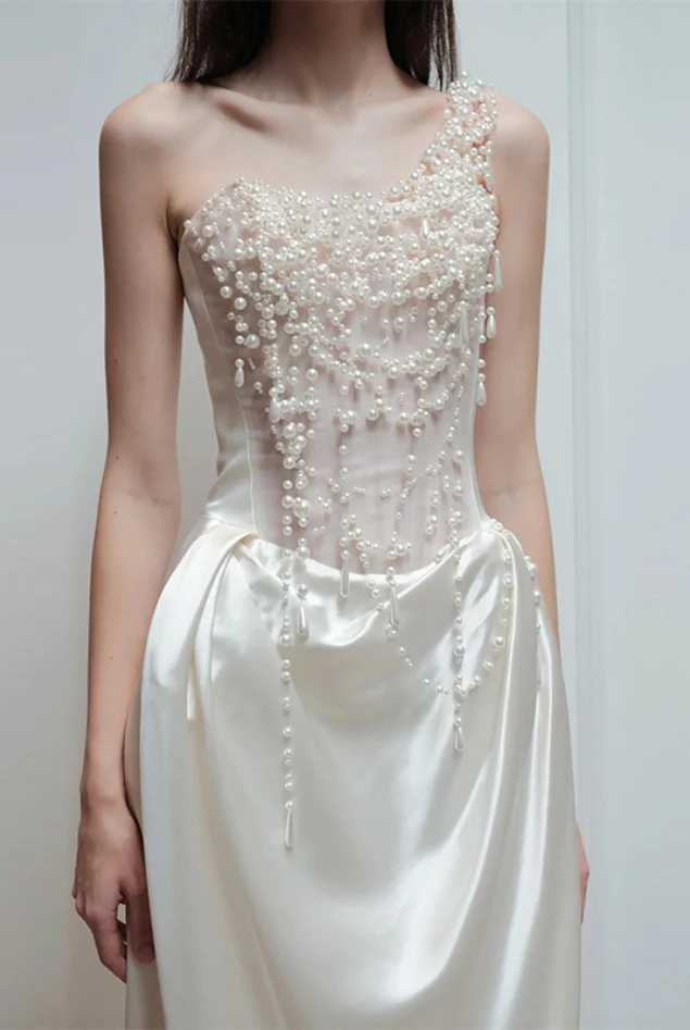 Strapless Satin Heavy Pearl Prom Dress - Image 3