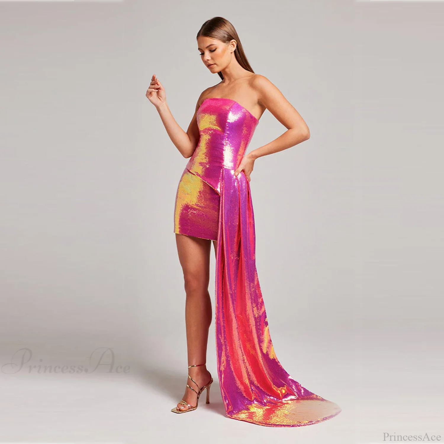 Strapless Sequin Wrap Waist Two Piece Prom Dress - Image 4