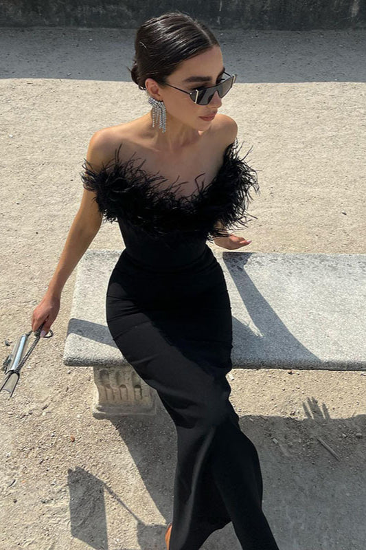 Strapless V-Neck Feathered Mermaid Party Dress - Image 2