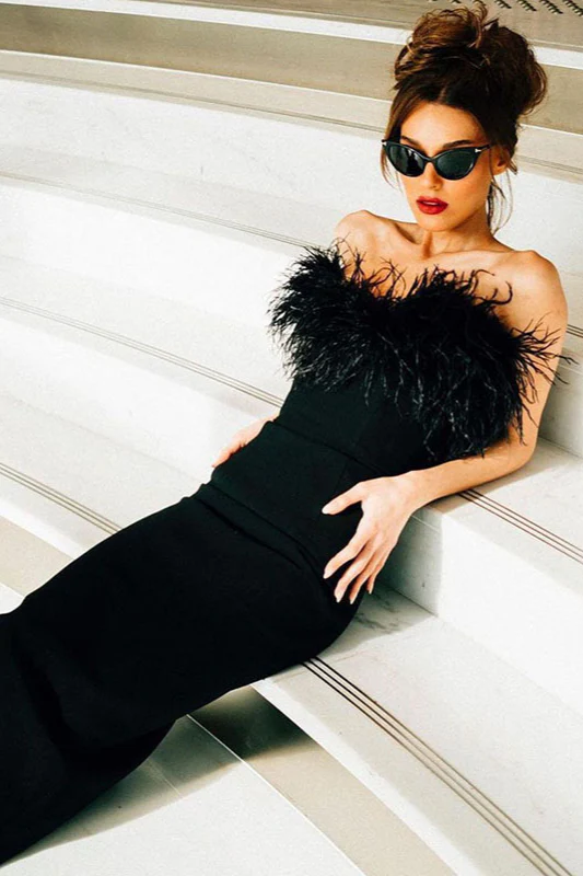 Strapless V-Neck Feathered Mermaid Party Dress - Image 3