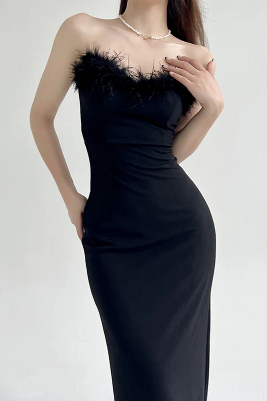 Strapless V-Neck Feathered Mermaid Party Dress - Image 5