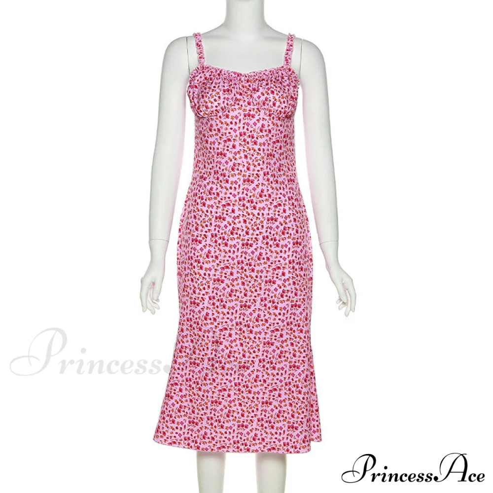 Straps and Design Flowered Warm-Season Long Bodycon Ruched Pink Coastal with Casual Gown Detail - Image 5