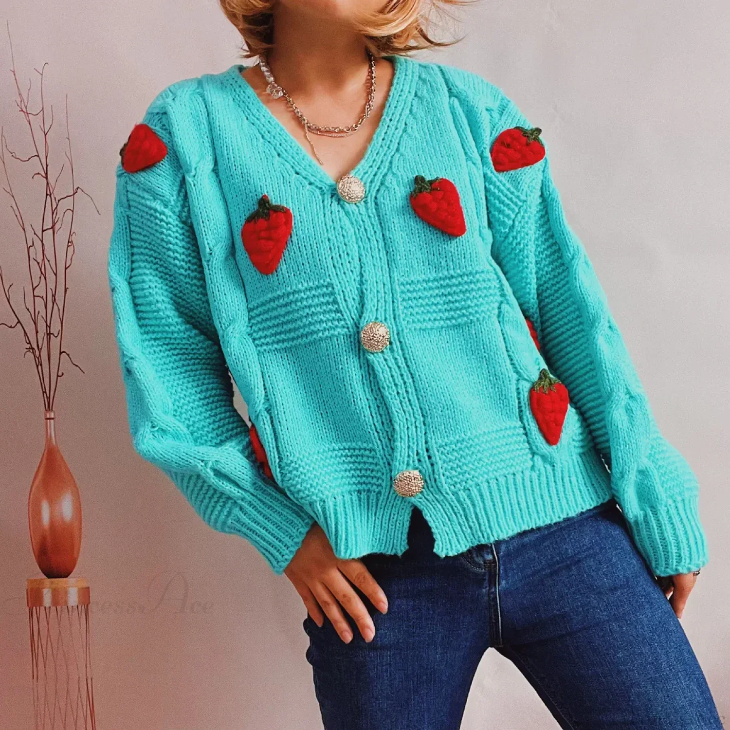 Strawberry Print Loose Fitting Knit Cardigan - Image 5