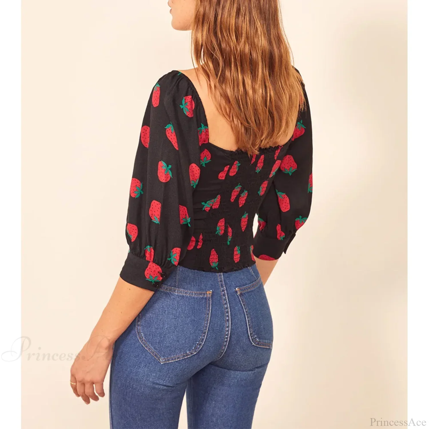 Strawberry Print Sweetheart Neck Slim Smocked Puff Blouse - Image 2