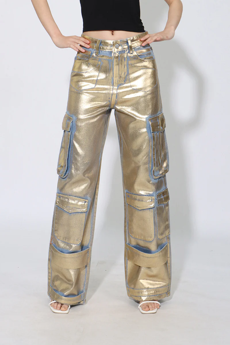 Street Style Metallic Cargo Straight Jean