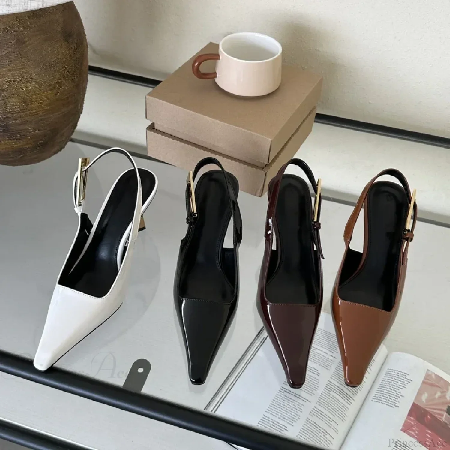 Street Style Sexy Pointed Metal Buckle Strap Slingback Square Toe Low Heel Pump - Image 5