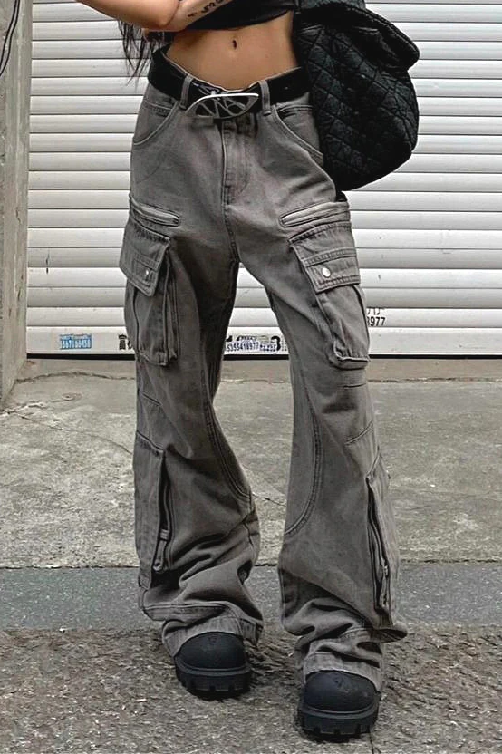 Streetwear Multi-pocket Cargo Washed Jeans