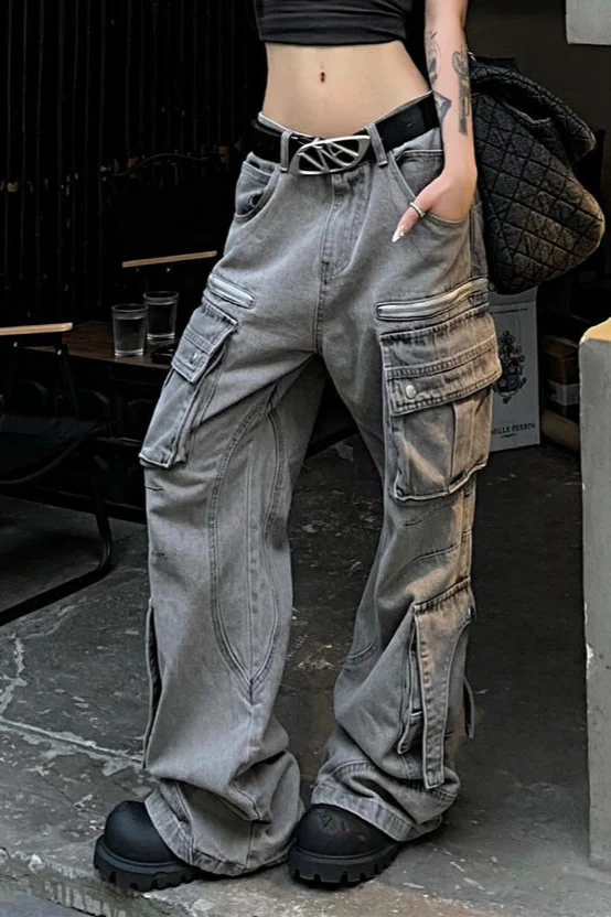 Streetwear Multi-pocket Cargo Washed Jeans - Image 2