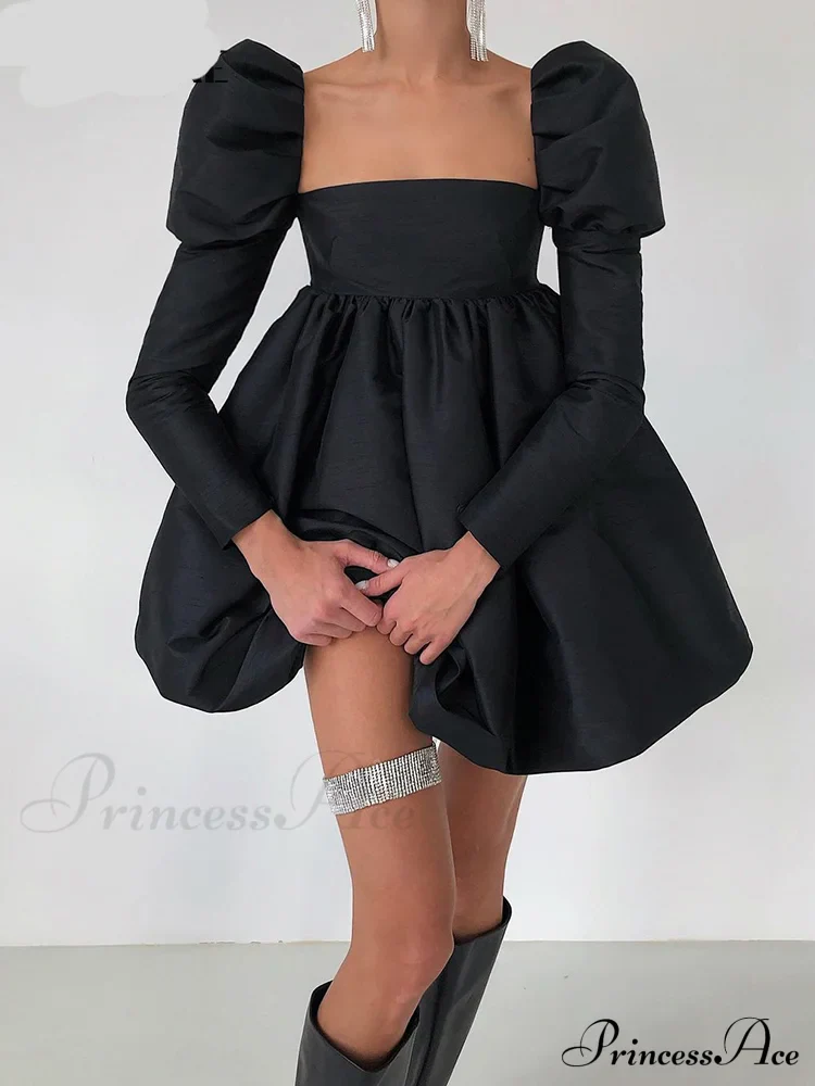Streetwear Party Backless Y2K in - Gown Long with Elegant Folded Mini - Puffy Gown - Dresses Ball Women - for Sleeves Gown Black