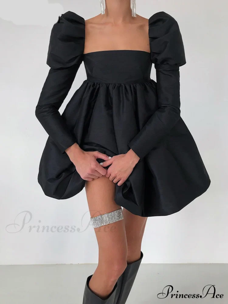 Streetwear Party Backless Y2K in - Gown Long with Elegant Folded Mini - Puffy Gown - Dresses Ball Women - for Sleeves Gown Black - Image 4