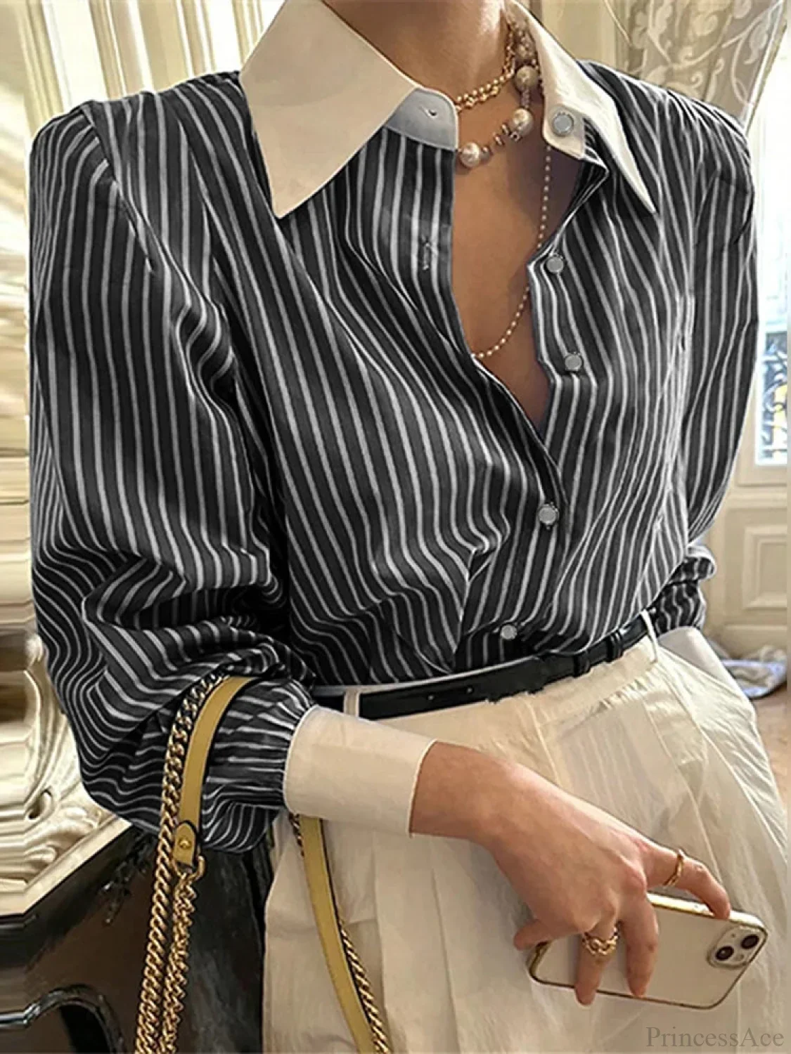 Stripe Patchwork Casual Long Sleeve Tunic Blouse - Image 2
