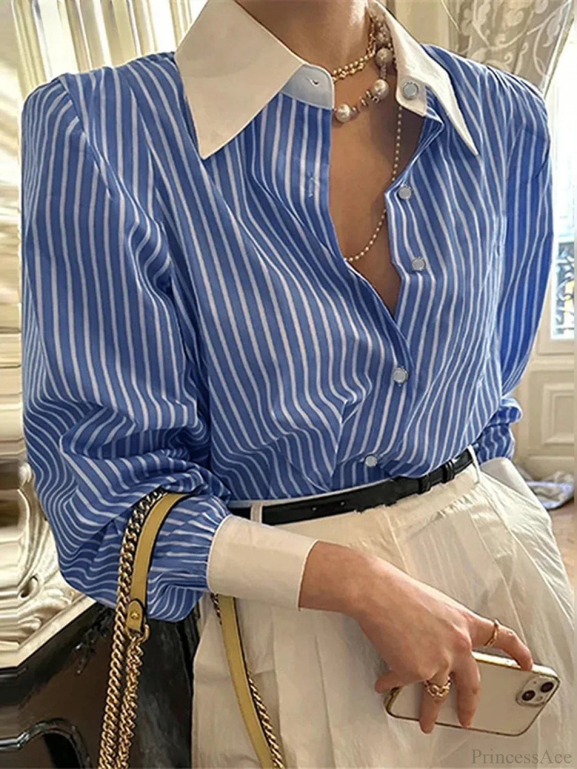 Stripe Patchwork Casual Long Sleeve Tunic Blouse - Image 3
