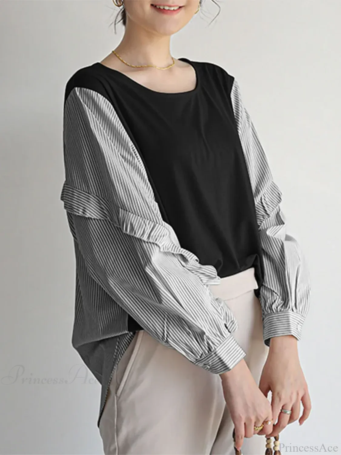 Stripe Patchwork Ruffled Casual Blouse - Image 4
