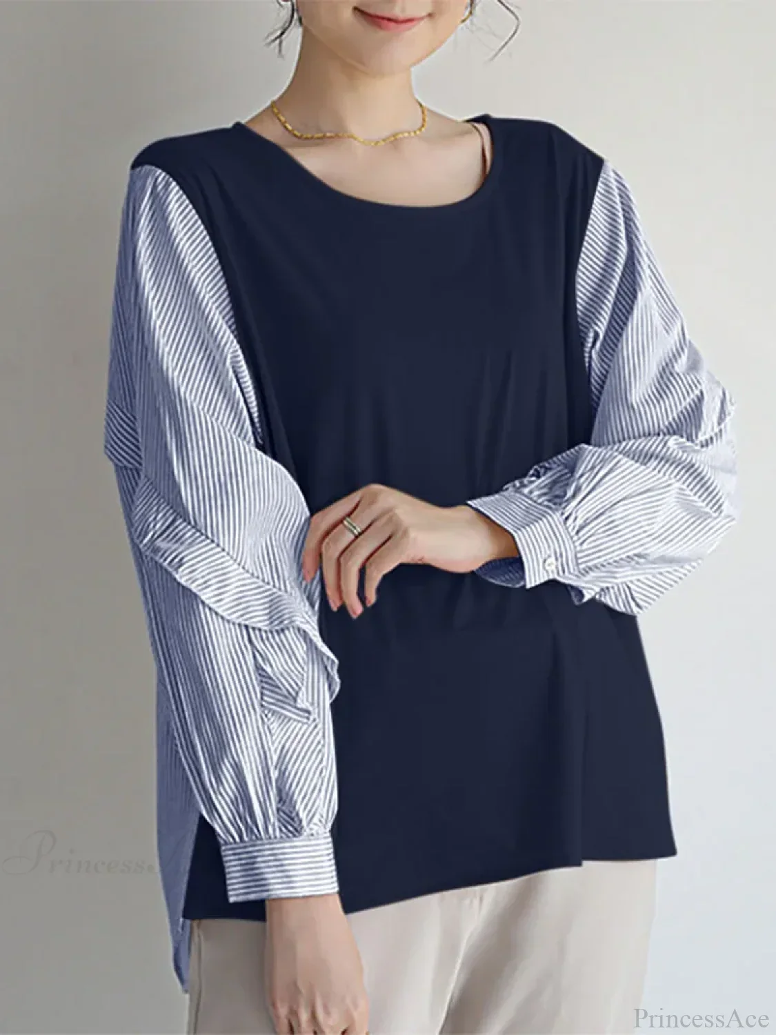 Stripe Patchwork Ruffled Casual Blouse - Image 6