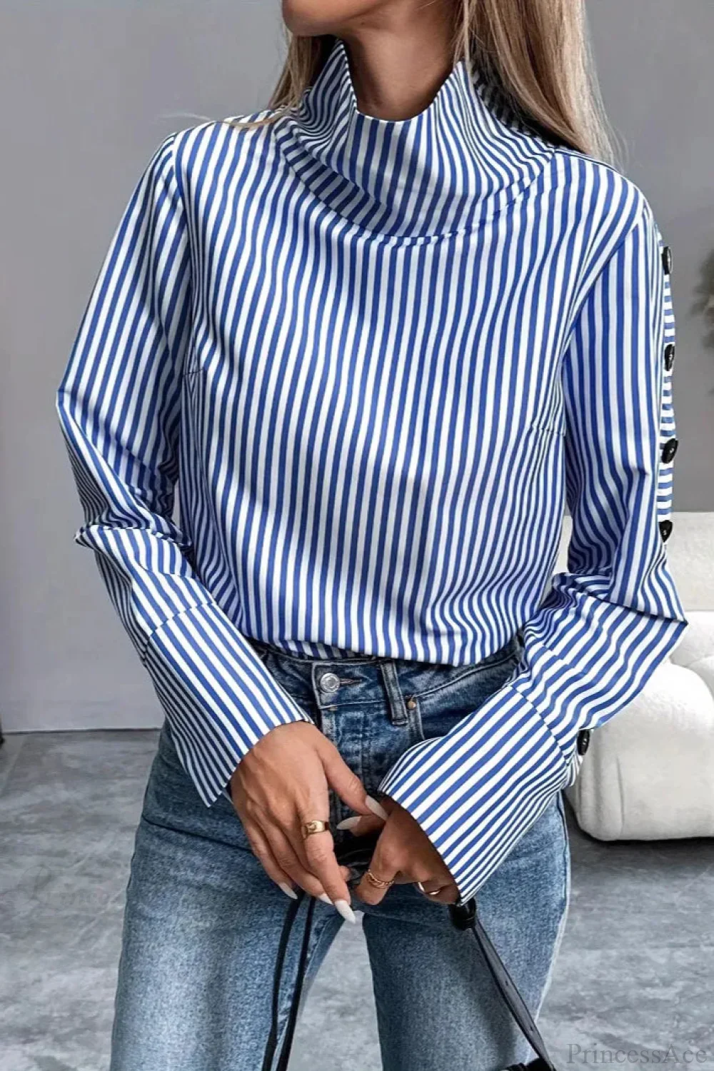 Stripe Spliced Button Pullover Blouse - Image 3