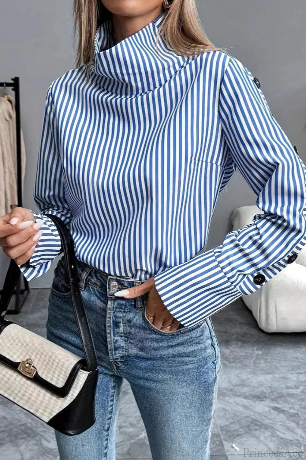 Stripe Spliced Button Pullover Blouse - Image 4