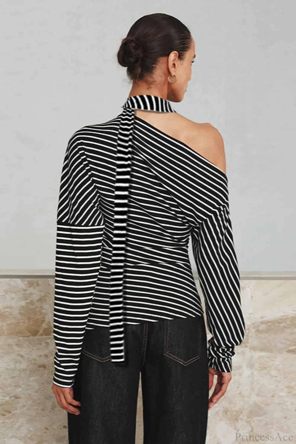 Striped Asymmetrical Shoulder Long Sleeve Tee - Image 4