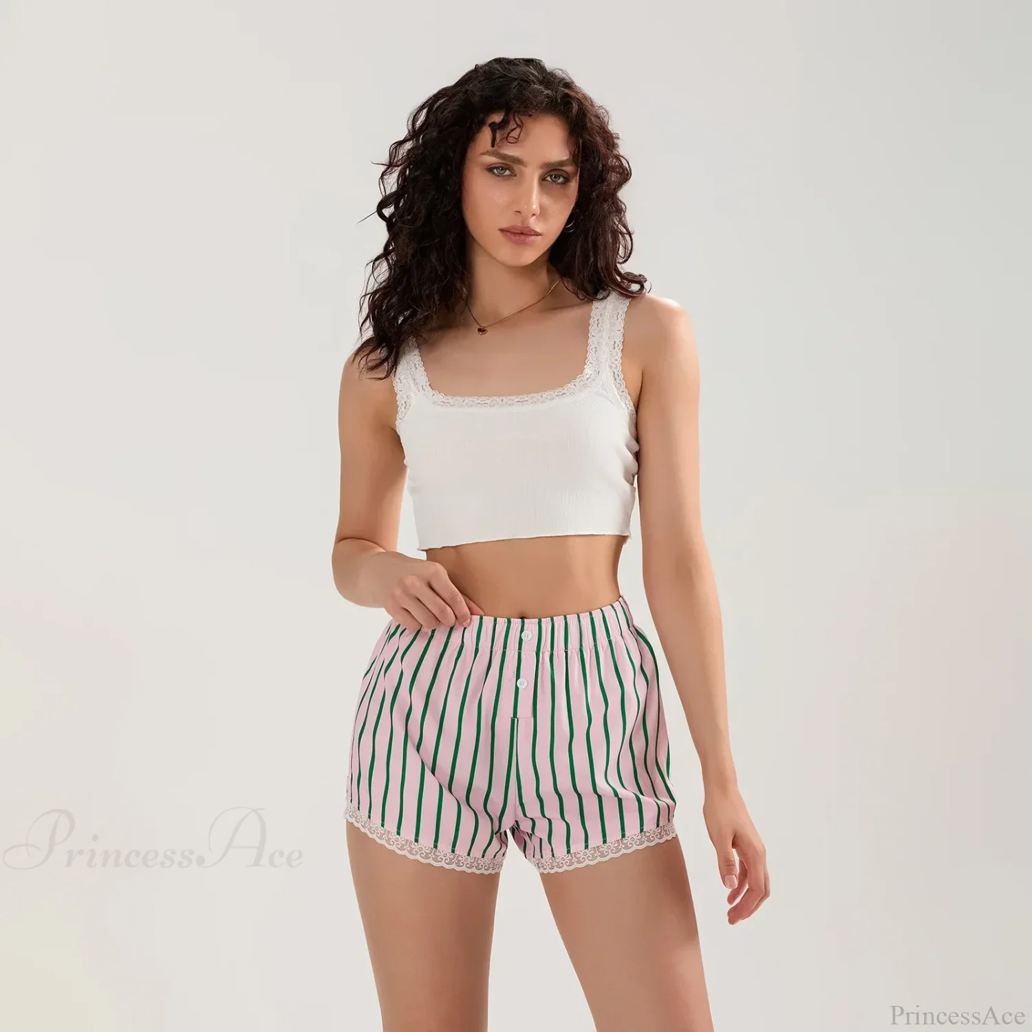 Striped Button Lace Trim Short - Image 5