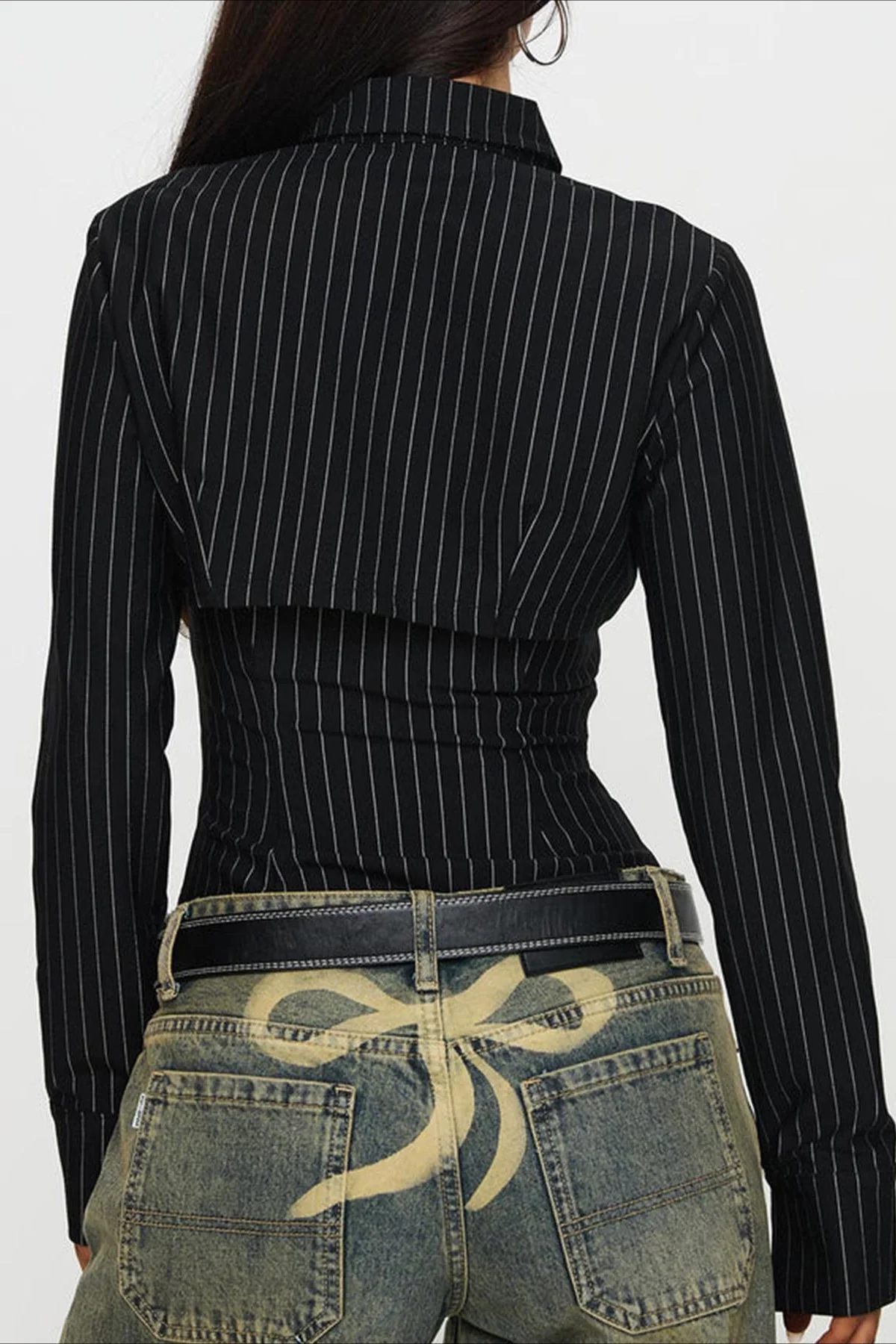 Striped Collared Buttoned Hollow Long Sleeve Blouse - Image 4