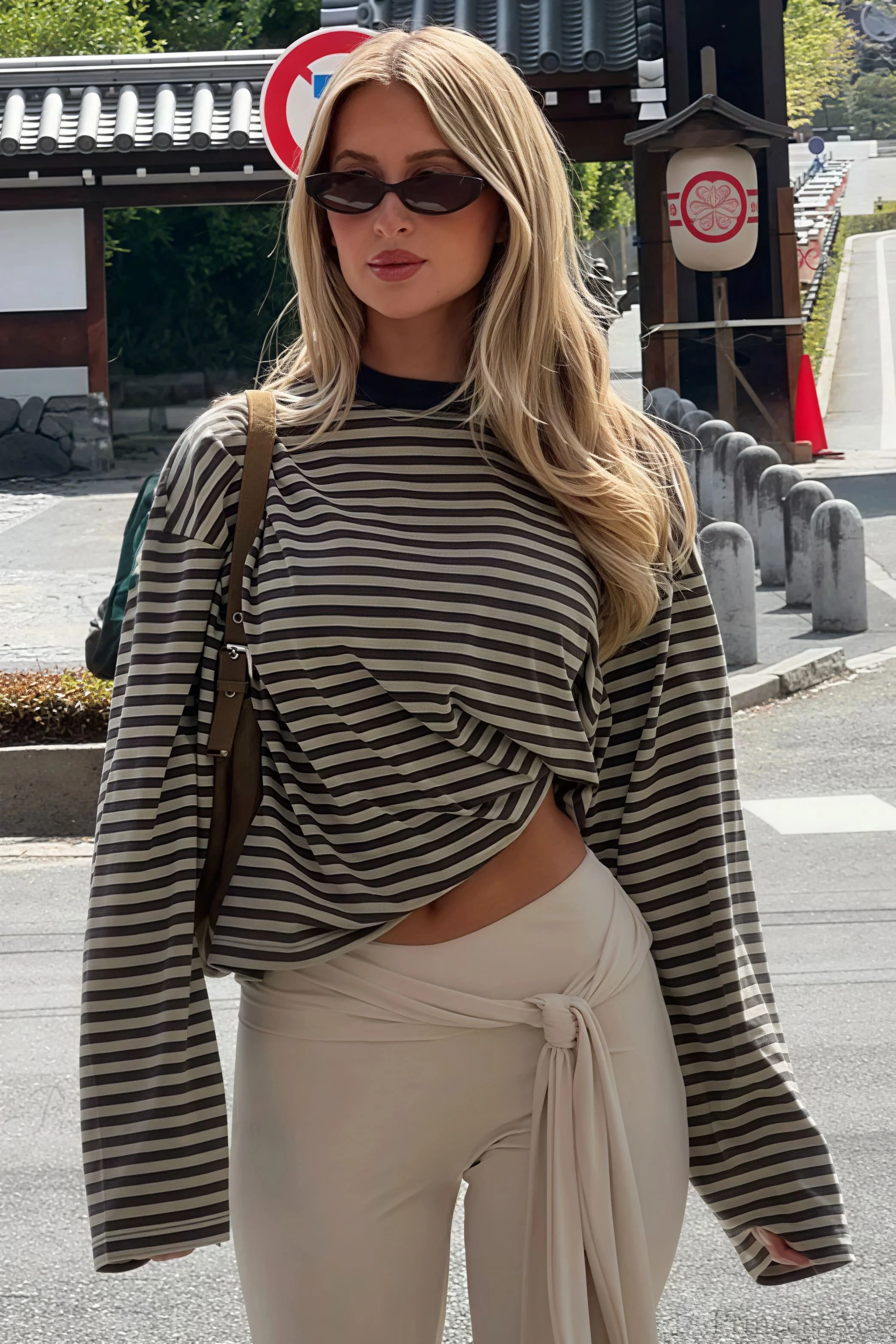 Striped Color Block Crew Neck Loose Long Sleeve Tee - Image 10