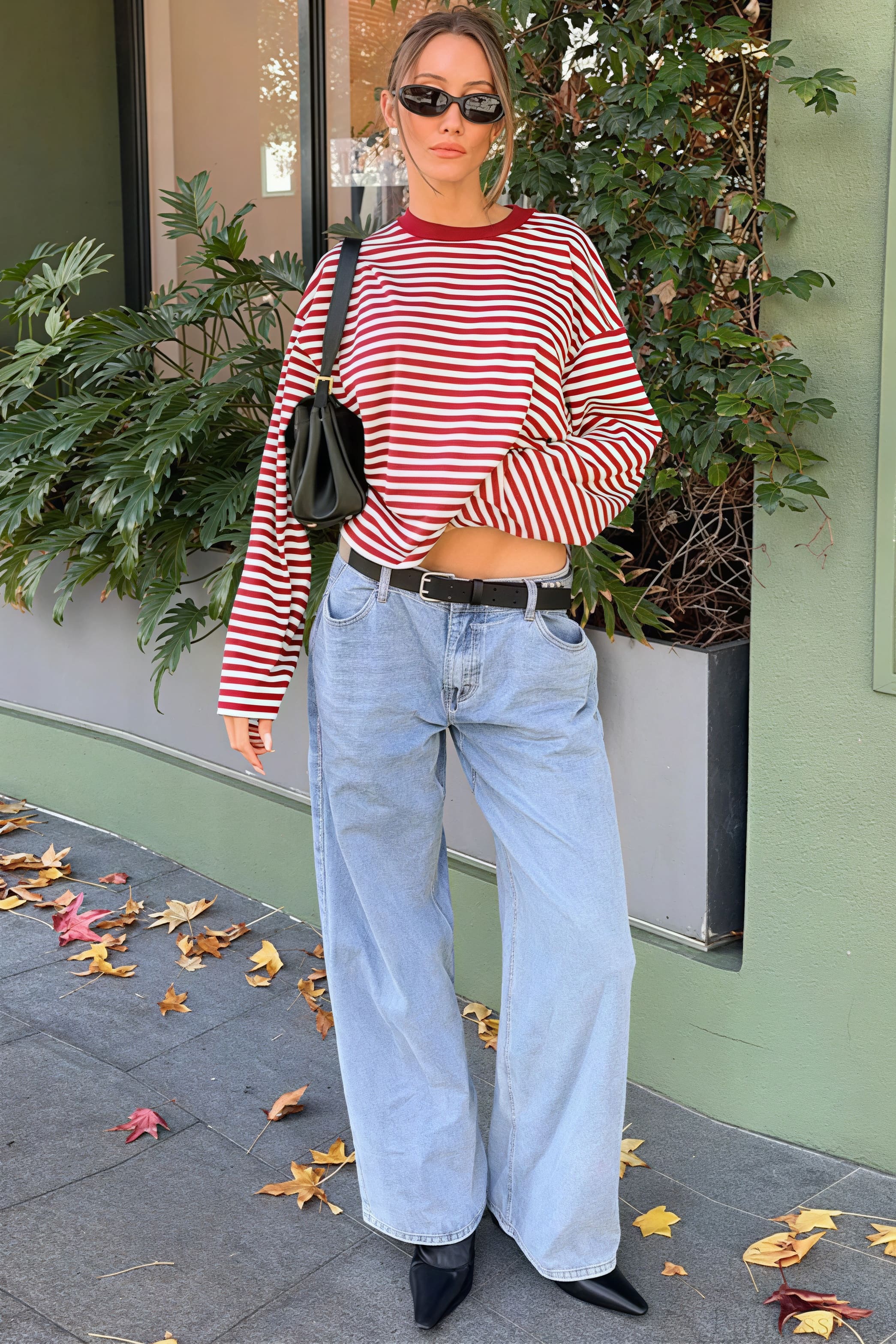 Striped Color Block Crew Neck Loose Long Sleeve Tee - Image 6