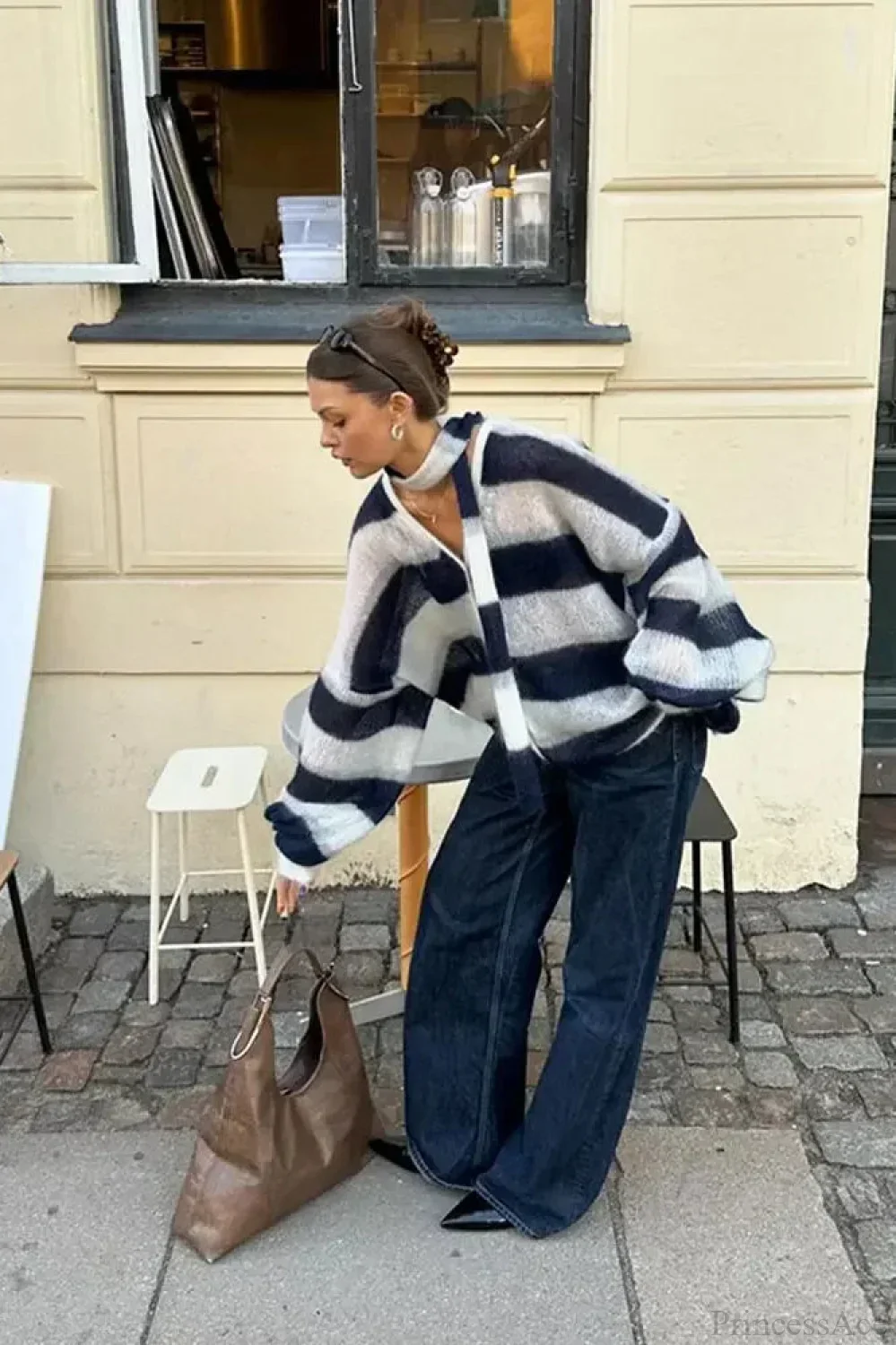 Striped Contrast V-neck Loose Cardigan - Image 2