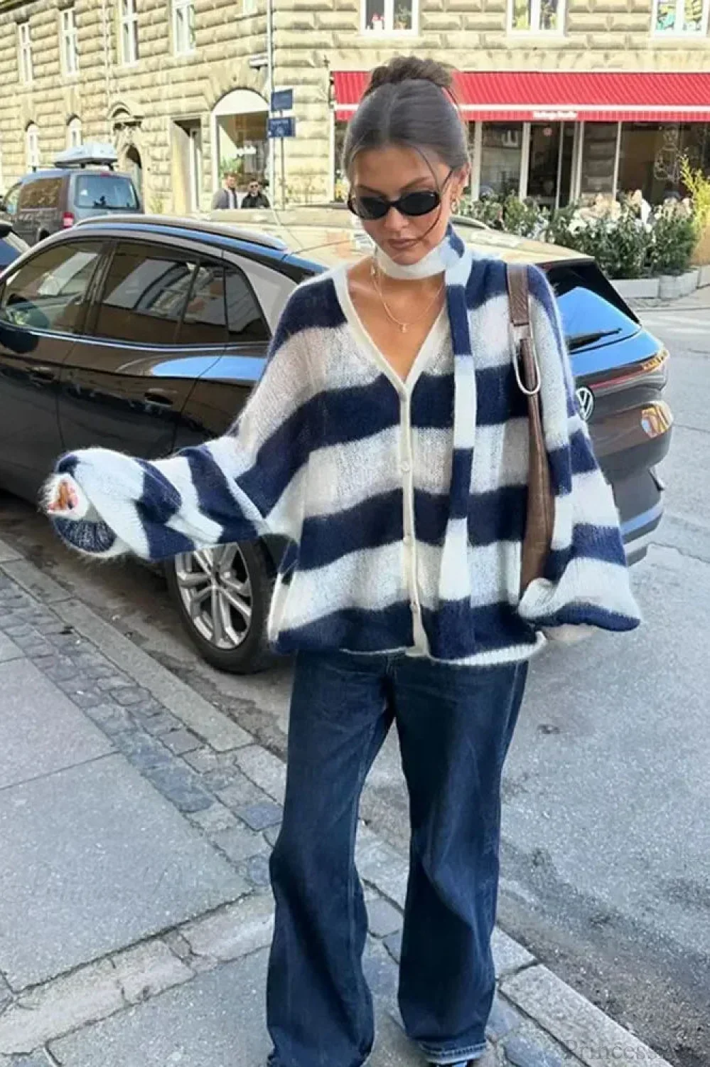 Striped Contrast V-neck Loose Cardigan - Image 3