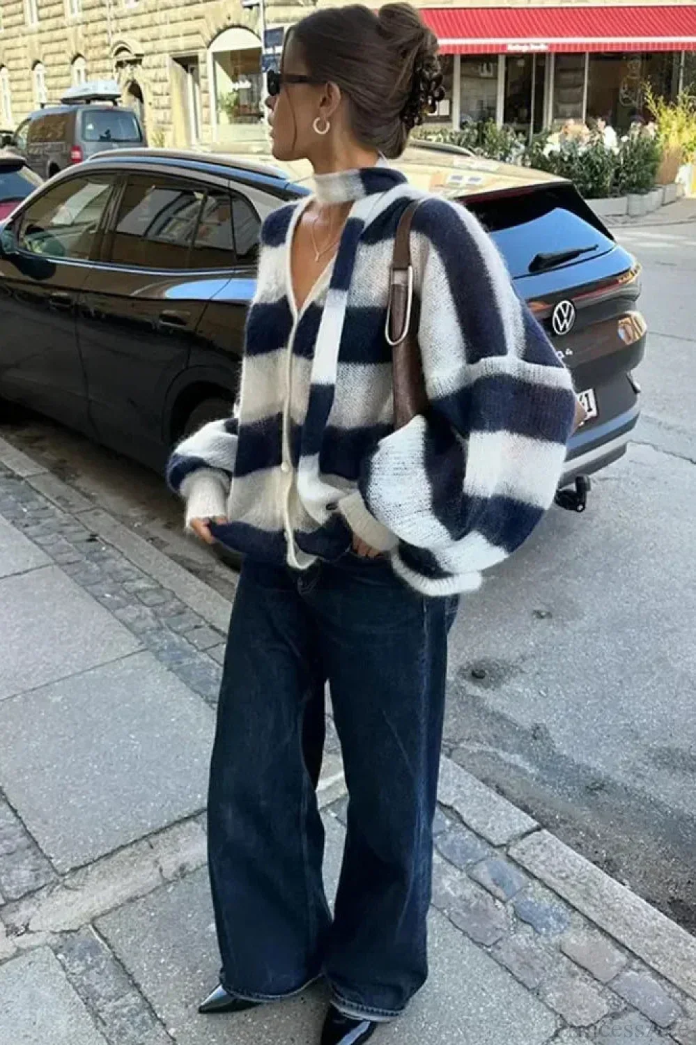 Striped Contrast V-neck Loose Cardigan - Image 4