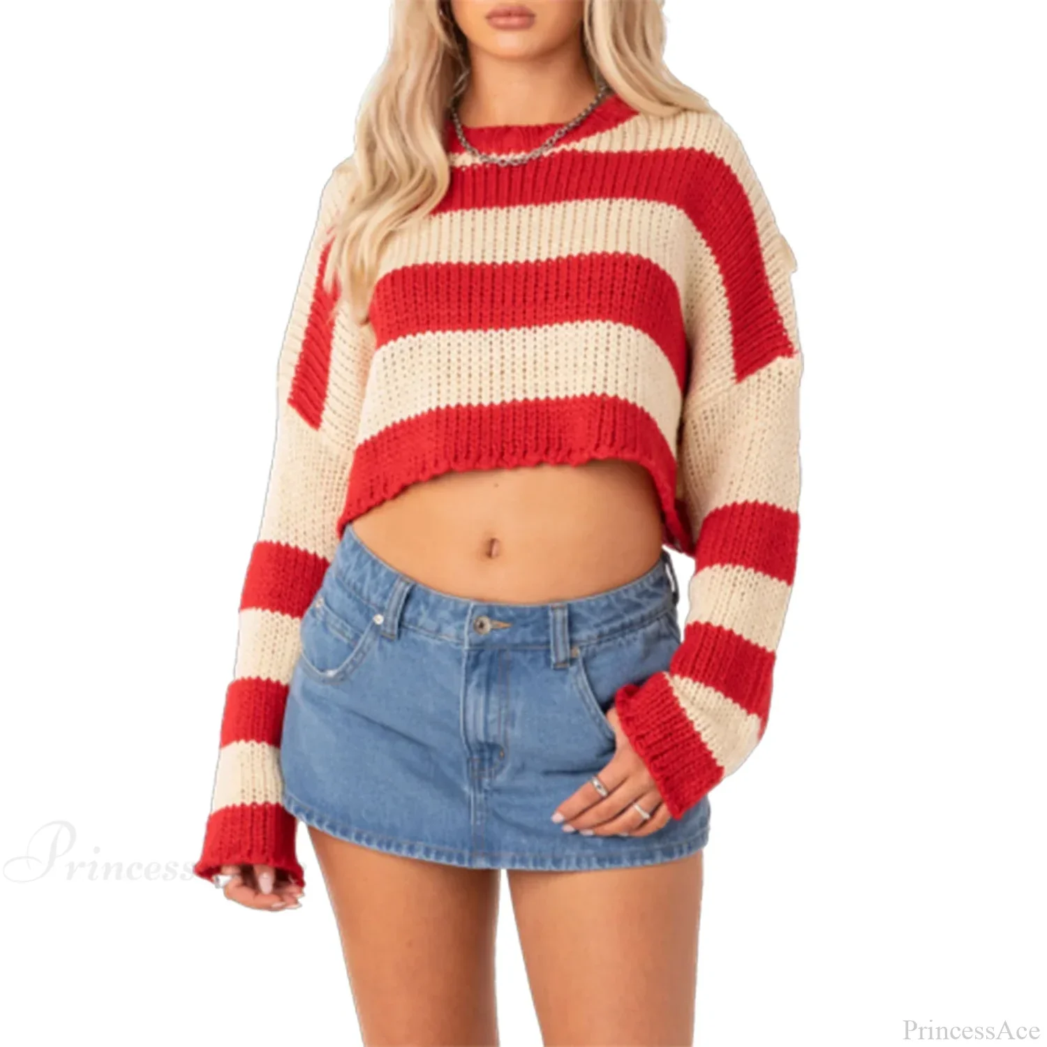 Striped Crew Neck Loose Sweater - Image 8