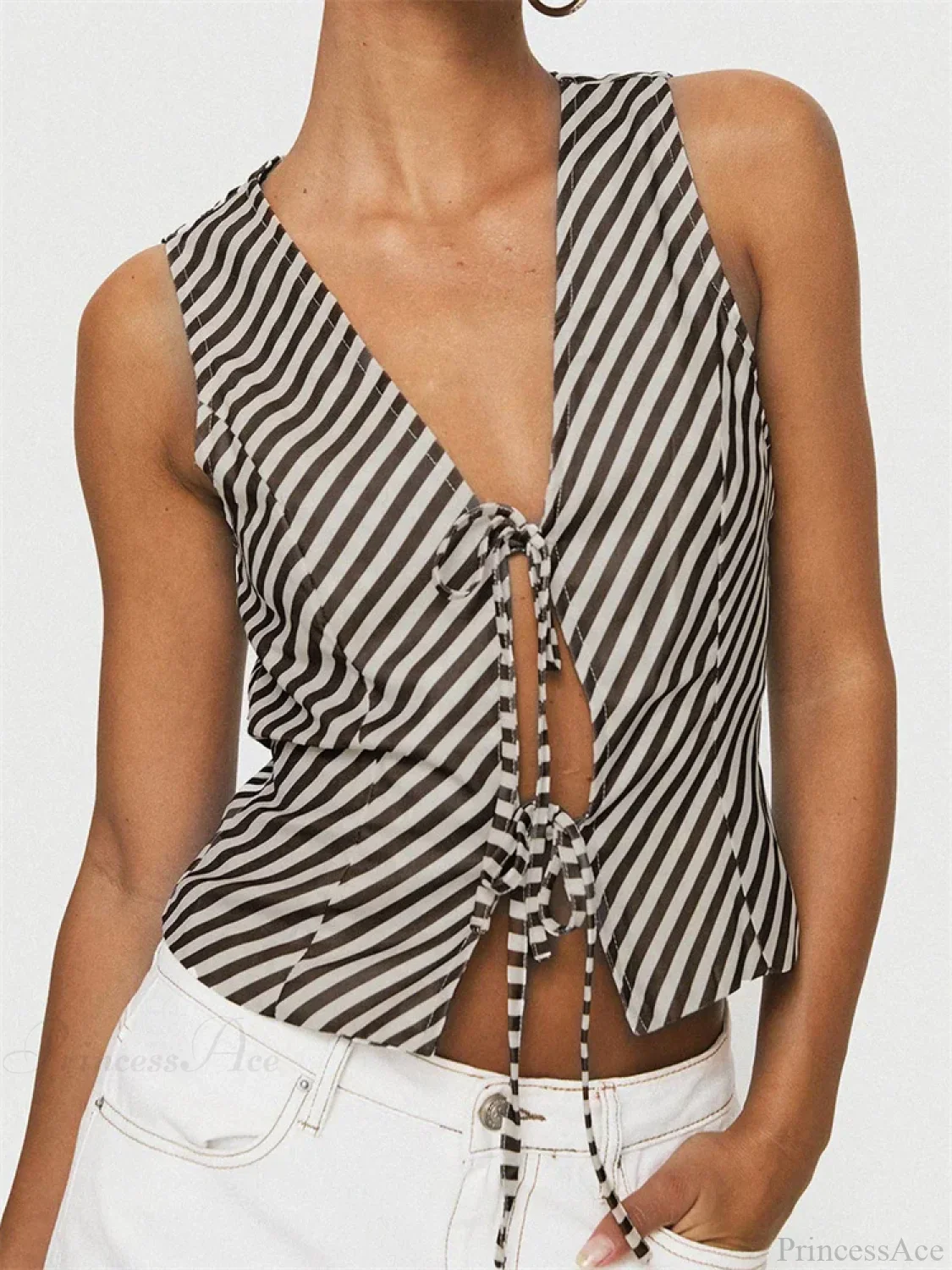 Striped Deep V-neck Tie-up Office Crop Top - Image 4