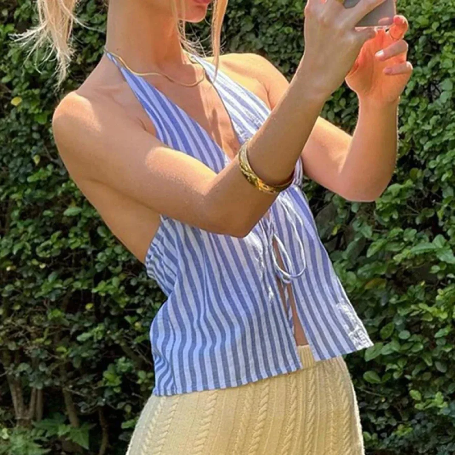 Striped Front Tie Halter Low Cut Crop Top - Image 2