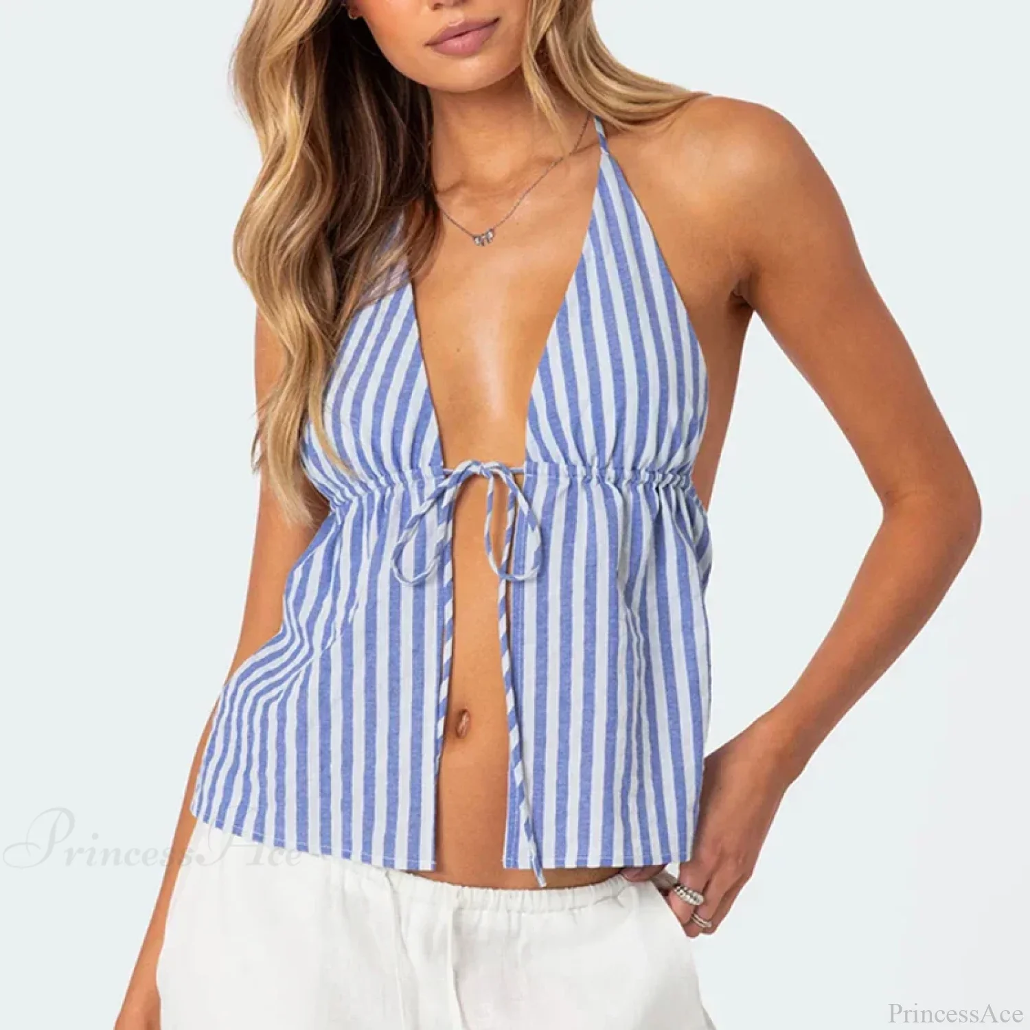 Striped Front Tie Halter Low Cut Crop Top - Image 3