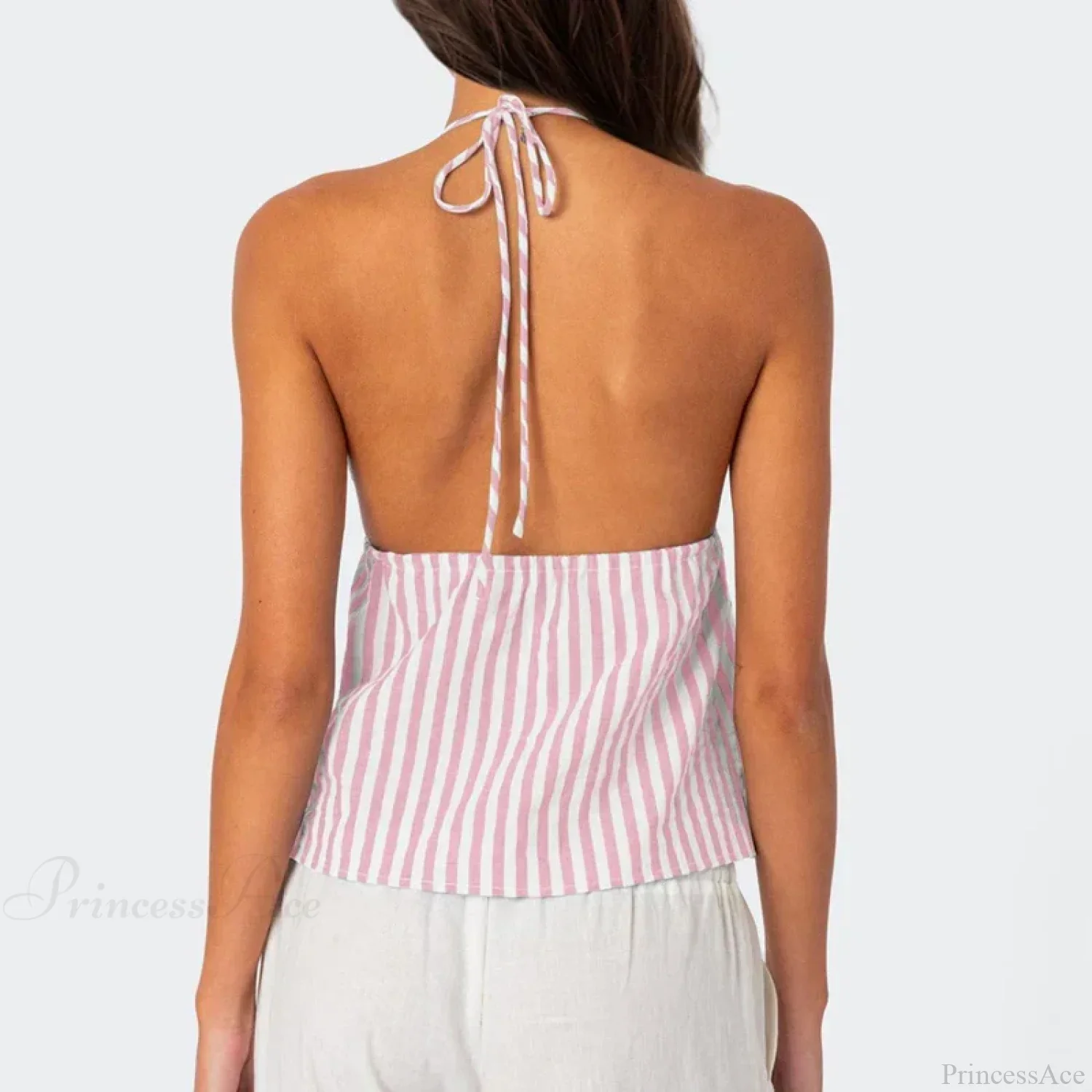Striped Front Tie Halter Low Cut Crop Top - Image 5