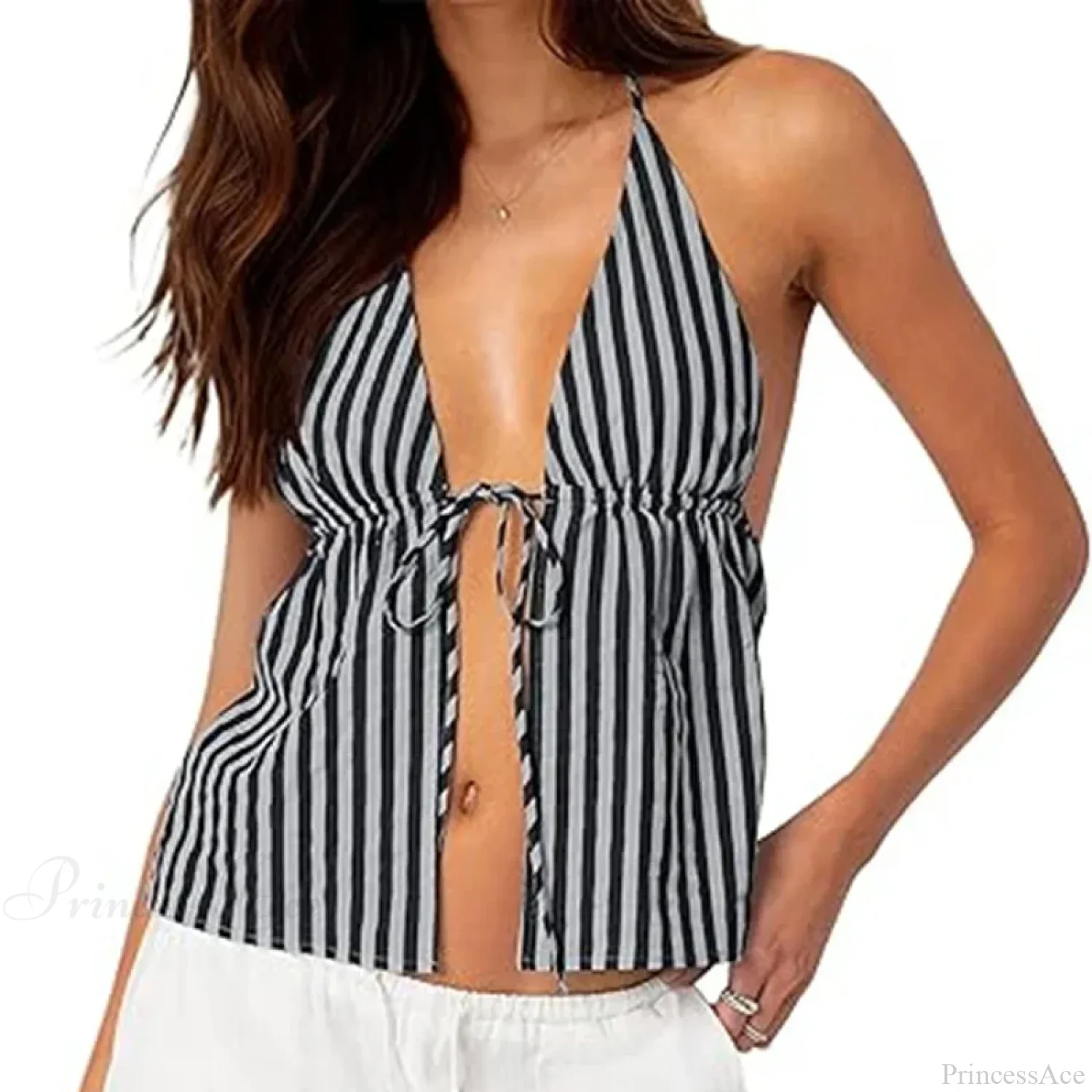 Striped Front Tie Halter Low Cut Crop Top - Image 6