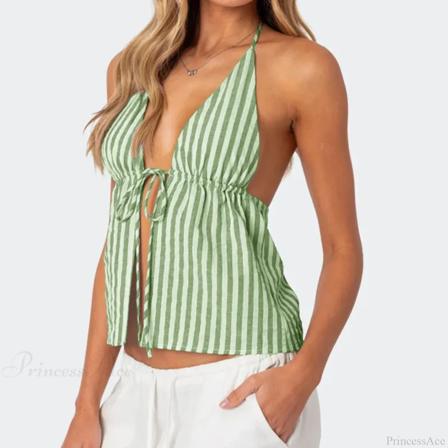 Striped Front Tie Halter Low Cut Crop Top - Image 7